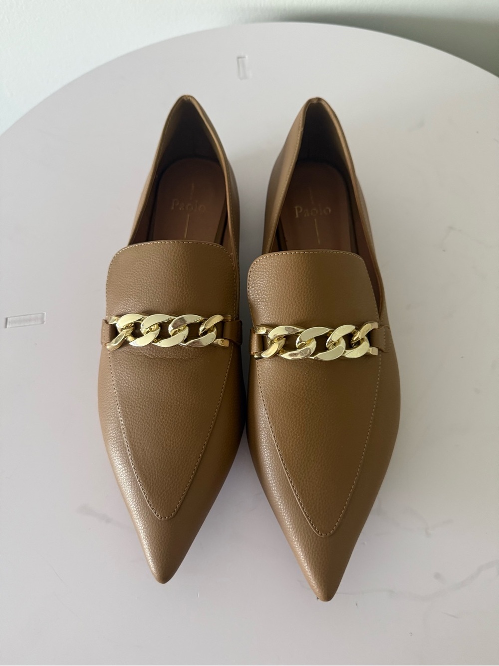 Linea Paolo Tan Pointed-Toe Loafers with Gold Chain Accent
